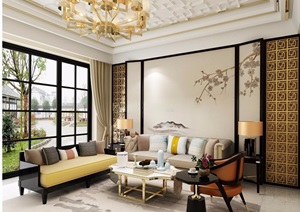 新中式客厅沙发椅子组合素材3D模型及效果图