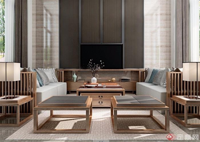 新中式客厅沙发茶几组合3d模型及效果图