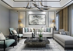 新中式风格详细的室内客厅装饰设计3d模型