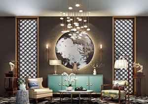 现代中式休闲客厅装饰设计3d模型及效果图