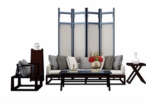 现代中式沙发屏风茶几椅子组合素材设计3d模型