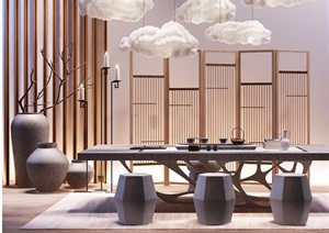 中式详细的室内茶桌凳组合设计3d模型