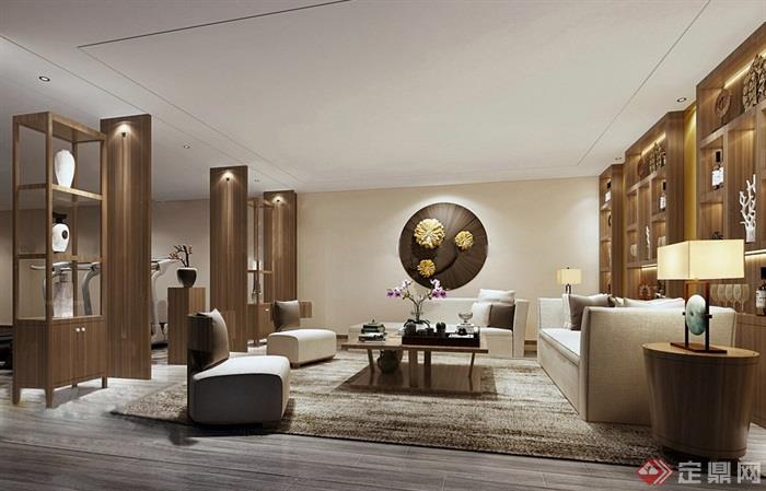 中式客厅沙发茶几背景墙组合3D模型