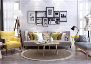 现代详细的沙发茶几、灯饰、装饰画素材设计3d模型及效果图