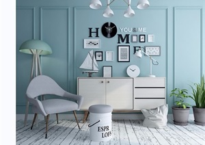 现代室内详细的柜子、椅子、灯饰、装饰画组合设计3d模型