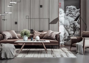 现代详细的室内沙发茶几、灯饰、装饰画素材设计3d模型