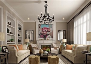 现代详细的室内客厅装饰设计3d模型