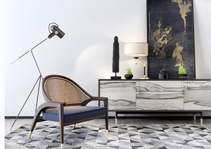 现代详细的休闲厅椅子、柜子、灯饰组合设计3d模型