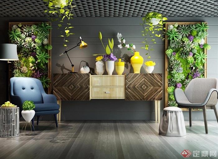 休闲椅边柜多肉植物绿植墙摆件花艺组合3D模型