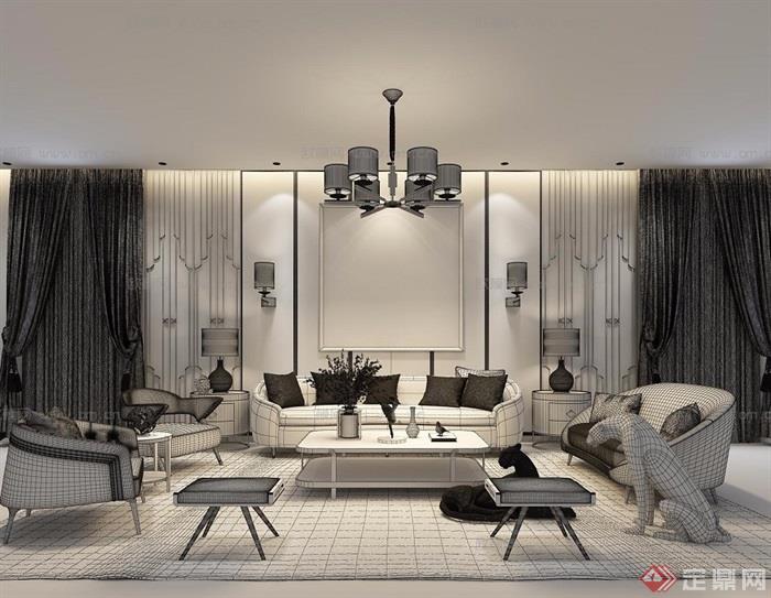 欧式详细的室内沙发茶几组合素材设计3d模型及效果图