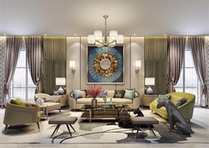 欧式详细的室内沙发茶几组合素材设计3d模型及效果图