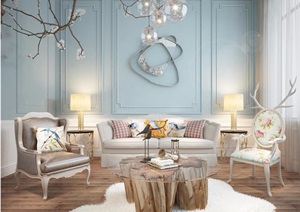 简欧风格客厅沙发茶几吊灯组合3D模型及效果图