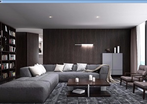 现代风格书柜沙发茶几组合设计3d模型及效果图
