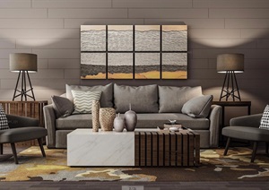 现代客厅详细的室内沙发茶几、灯饰组合设计3d模型