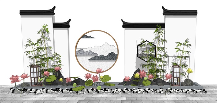 新中式景墙 景观小品 荷花荷叶 灯具 石头组合(1)