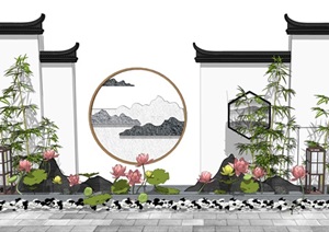 新中式景墙 景观小品 荷花荷叶 灯具 石头组合SU(草图大师)模型
