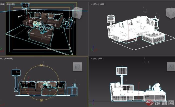 现代客厅室内沙发茶几、灯饰组合3d模型