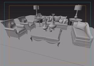 欧式客厅完整沙发茶几、桌椅组合设计3d模型