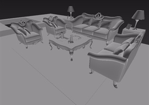 完整的欧式沙发茶几、桌椅组合设计3d模型
