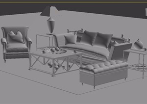 欧式独特详细沙发茶几、桌椅、台灯组合设计3d模型