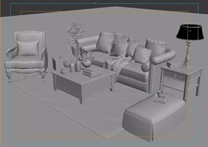 欧式沙发、茶几、桌椅、装饰品组合设计3d模型