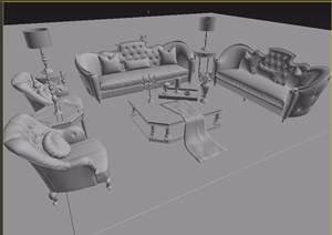 欧式详细的客厅沙发、桌椅组合设计3d模型