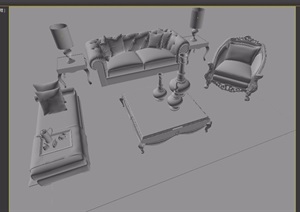 详细的完整沙发茶几、桌椅组合设计3d模型