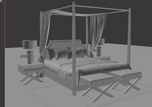 中式室内卧室床设计3d模型