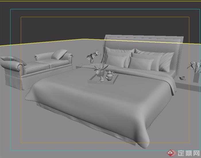 中式室内卧室床、沙发组合设计3d模型