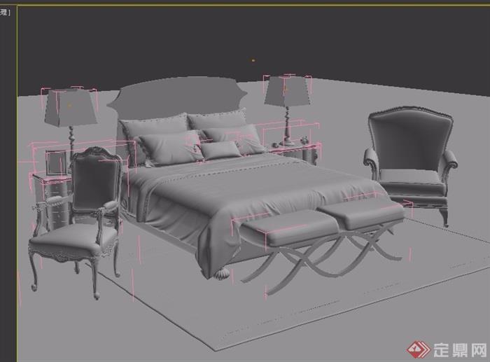 室内卧室床柜、椅子设计3d模型