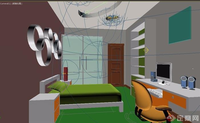 现代风格住宅详细的室内次卧室设计3d模型