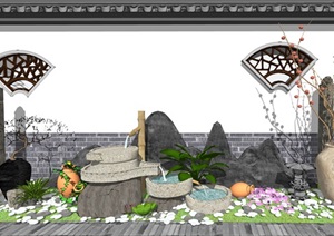 新中式景观小品 庭院小品 跌水景观植物组合SU(草图大师)模型
