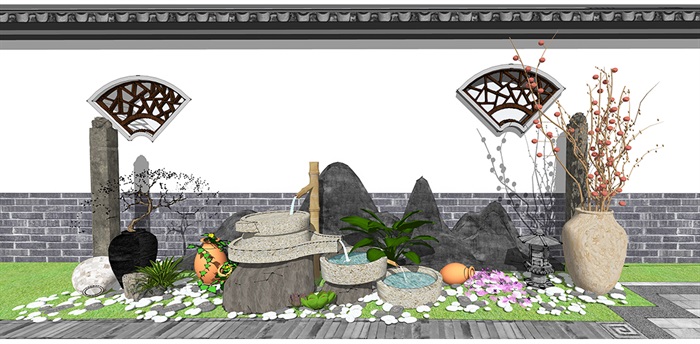 新中式景观小品 庭院小品 跌水景观植物组合(2)