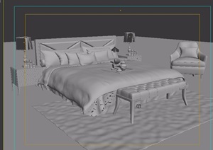 欧式室内卧室床柜、椅凳、灯饰设计3d模型