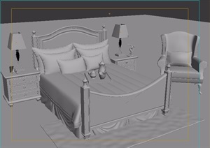 欧式室内卧室床柜、椅子、灯饰设计3d模型