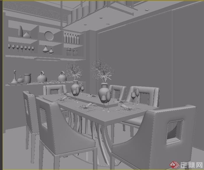 新中式样板房餐厅餐桌椅组合3d模型