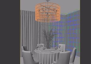 现代中式酒店餐厅包间餐桌椅灯饰3d模型