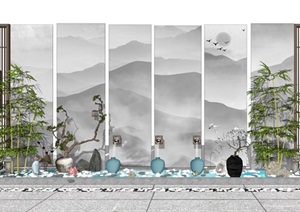 新中式景墙水池 隔断 石狮 陶罐植物 景观小品SU(草图大师)模型