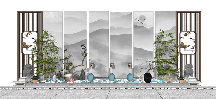 新中式景墙水池 隔断 石狮 陶罐植物 景观小品(2)