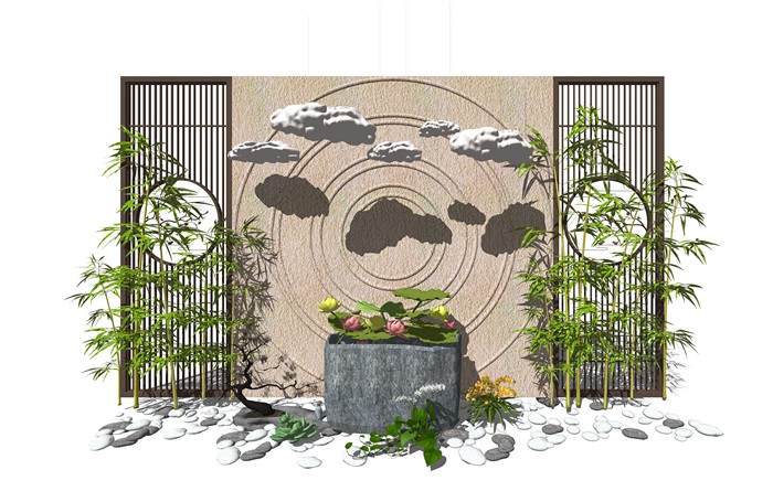 新中式景观小品 隔断植物 鹅卵石 荷花荷叶池组合(1)