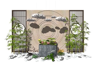 新中式景观小品 隔断植物 鹅卵石 荷花荷叶池组合SU(草图大师)模型