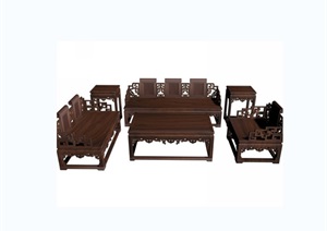古典中式福寿纹矮宝座六件套桌椅组合设计3d模型