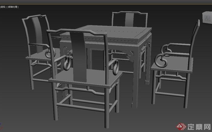葵凤纹方桌五件套餐桌椅素材设计3d模型