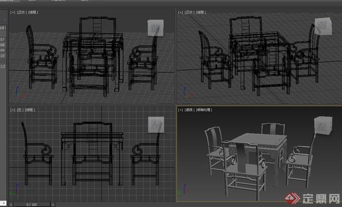 葵凤纹方桌五件套餐桌椅素材设计3d模型