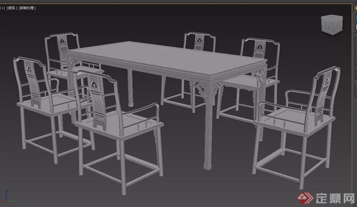 璃纹长桌+字南官帽椅组合设计3d模型及效果图