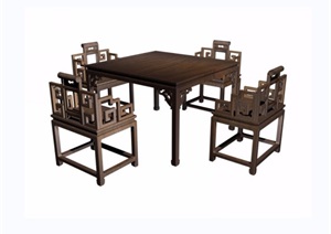 古典中式璃纹方桌椅五件套素材设计3d模型及效果图