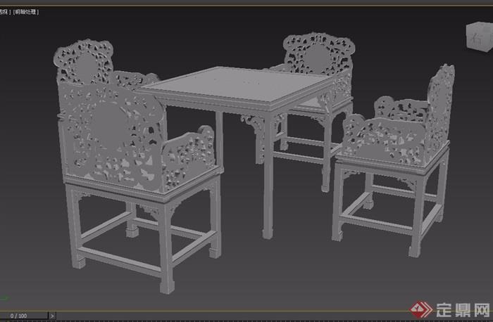 四人璃纹方桌+雕正龙纹扶手椅五件套3d模型