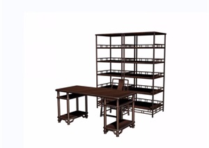 中式办公桌椅书架组合设计3d模型及效果图