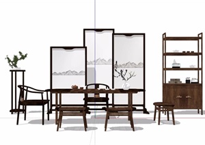 新中式茶桌椅柜子屏风组合设计SU(草图大师)模型