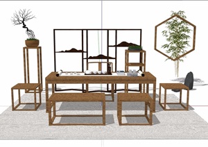 新中式桌凳置物架屏风组合设计SU(草图大师)模型